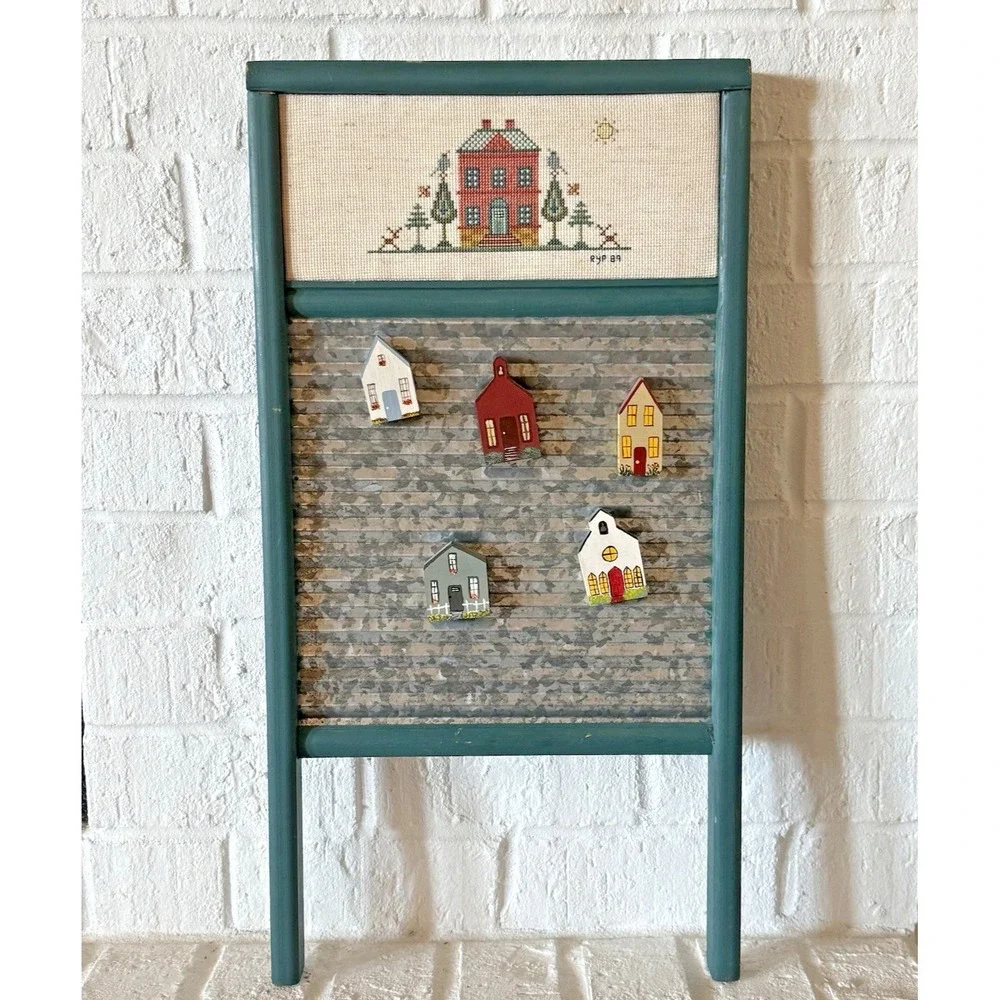 Vintage‎ Washboard Wall Art Folk Cross Stitch 1989 House Magnets Cottage 24x12